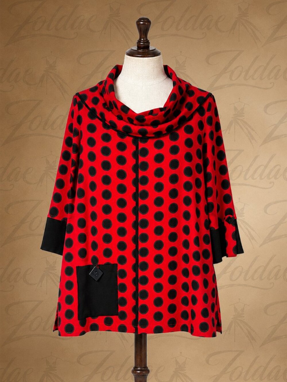 Thomas & Olivia Red Black Polka Dot Tunic Top L Mod Artsy Cowl Neck Pocket